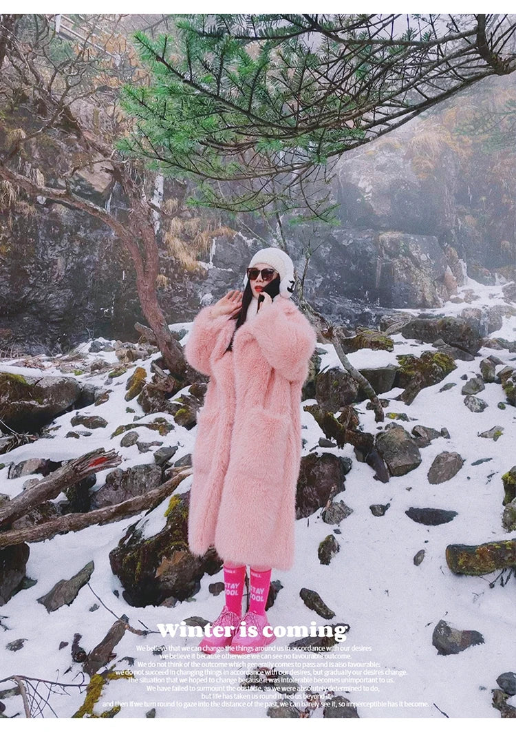 Lautaro inverno longo oversized rosa grosso quente macio desgrenhado fofo casaco de pele do falso feminino bolsos lapela solto doce bonito moda 2022