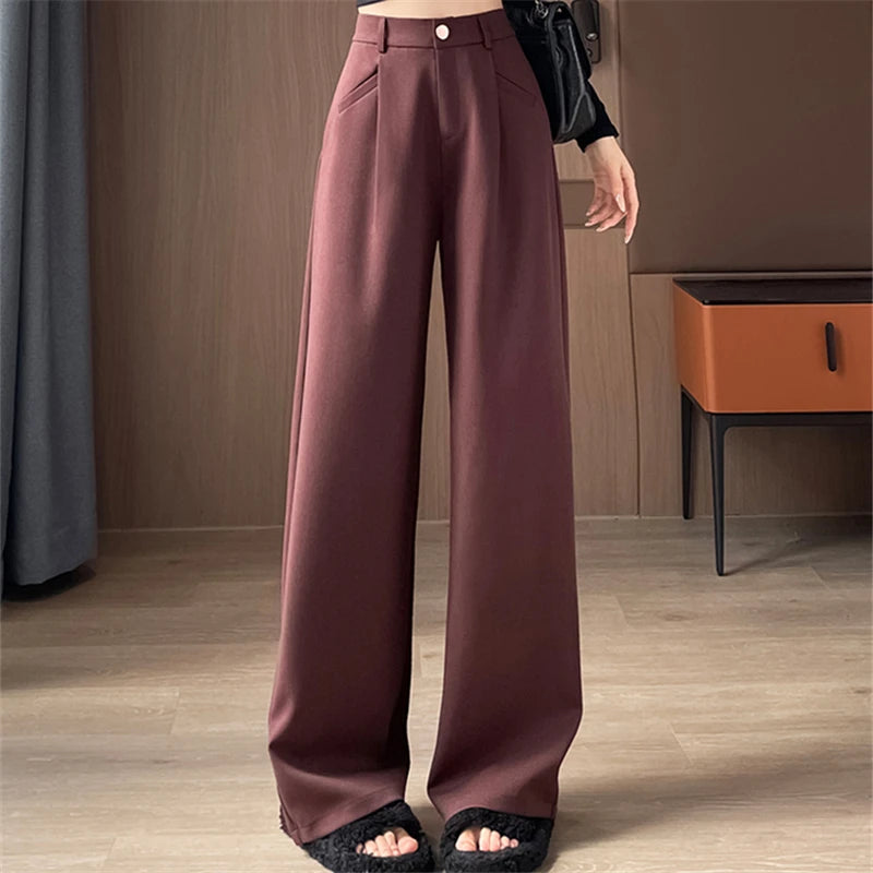 Seoulish-Calça de perna larga feminina, calça feminina elegante, monocromática, casual, solta, escritório, comprimento total, coreano, botão, Novo, Outono, 2022