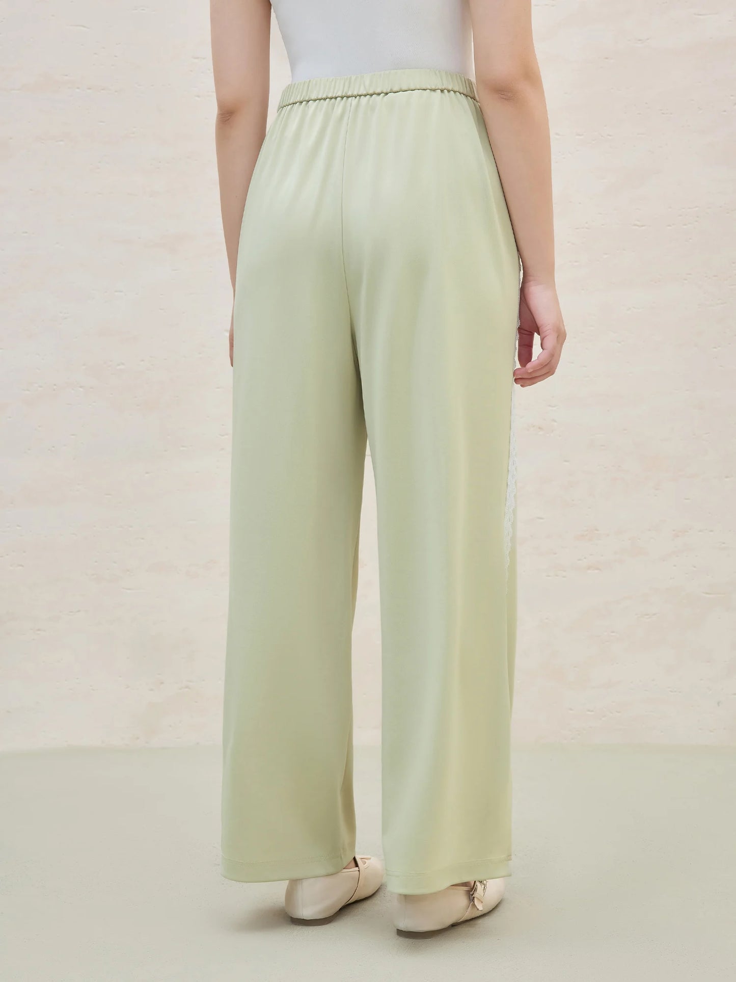 DUSHU 2025 Calça feminina de acetato com acabamento em renda de verão – perna reta e design chique de escritório com tecido respirável
