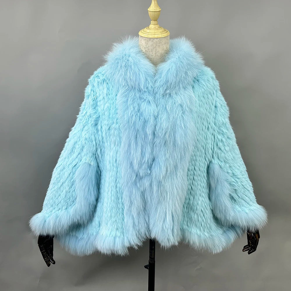 Novo real genuíno natural de malha pele de coelho xale casaco com gola de pele de raposa moda feminina capa de malha