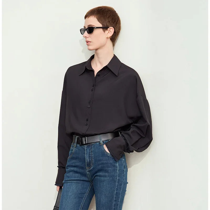 Amii-camisa solta e emendada para mulheres, blusa de cor solta e sólida com lapela e franja, novo outono 2020, 12423018