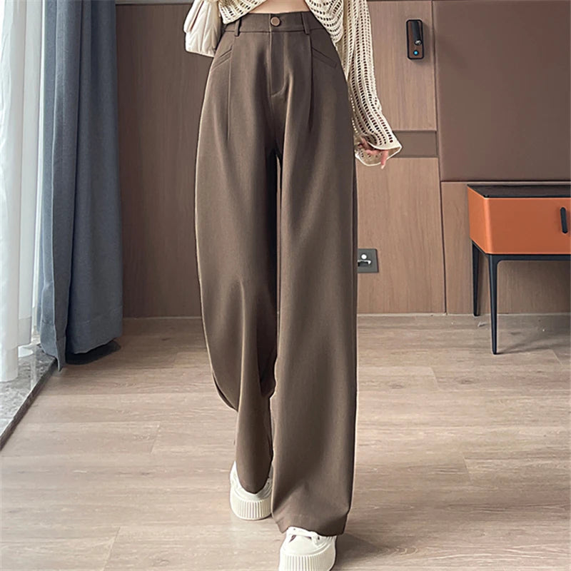 Seoulish-Calça de perna larga feminina, calça feminina elegante, monocromática, casual, solta, escritório, comprimento total, coreano, botão, Novo, Outono, 2022