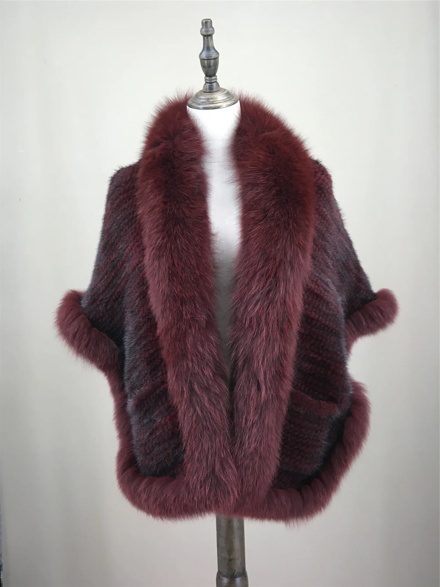Xale de tricô de pele de vison real com gola de corte de pele de raposa, estola de capa frontal, xale branco coreano peludo luxuoso, inverno