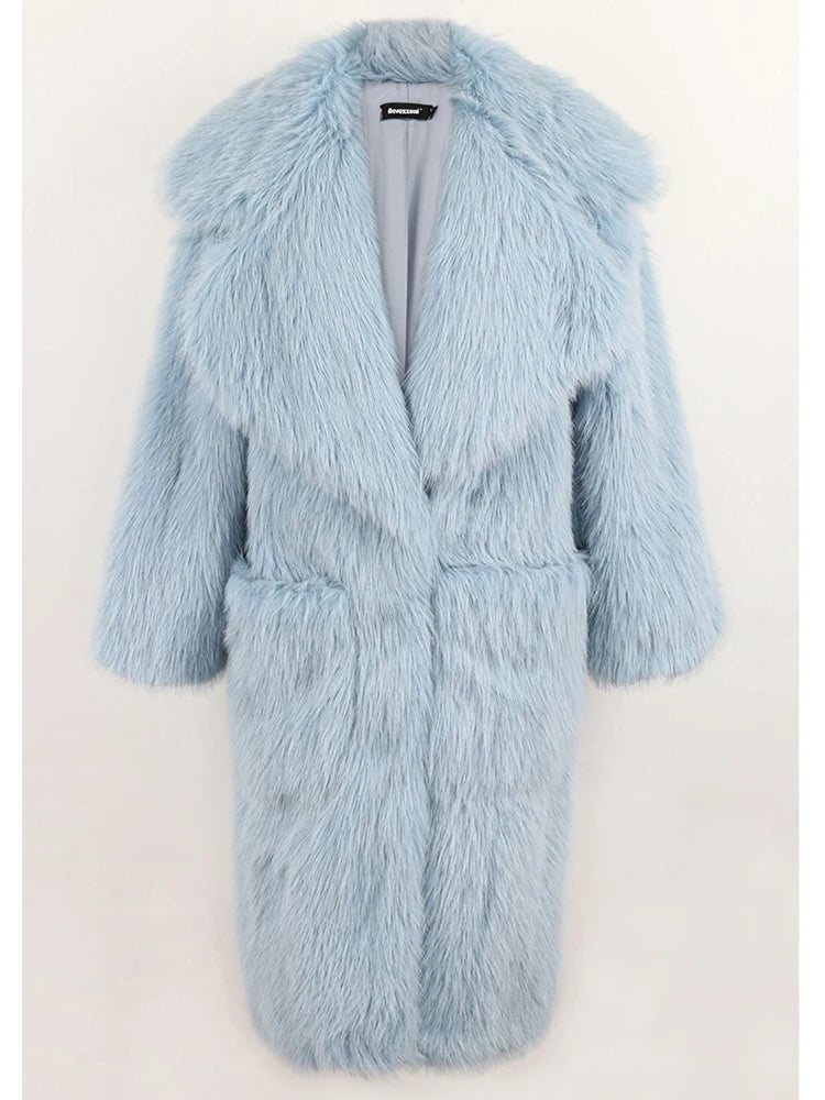 Lautaro inverno longo oversized rosa grosso quente macio desgrenhado fofo casaco de pele do falso feminino bolsos lapela solto doce bonito moda 2022