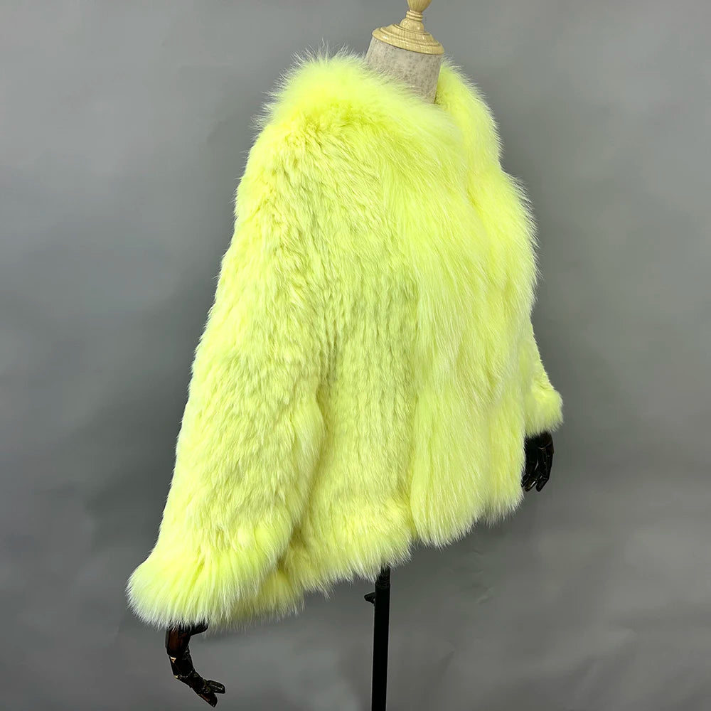 Novo real genuíno natural de malha pele de coelho xale casaco com gola de pele de raposa moda feminina capa de malha