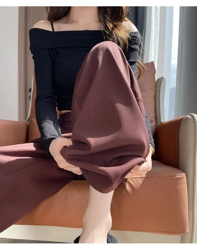 Seoulish-Calça de perna larga feminina, calça feminina elegante, monocromática, casual, solta, escritório, comprimento total, coreano, botão, Novo, Outono, 2022