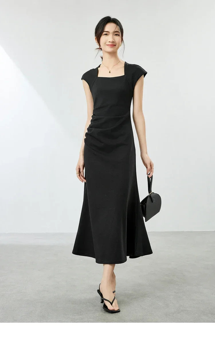 SENTUBILA, vestidos negros de verano 2025, vestido largo ajustado fruncido de manga corta de punto de algodón elegante para fiesta para mujer, ropa 142L54013