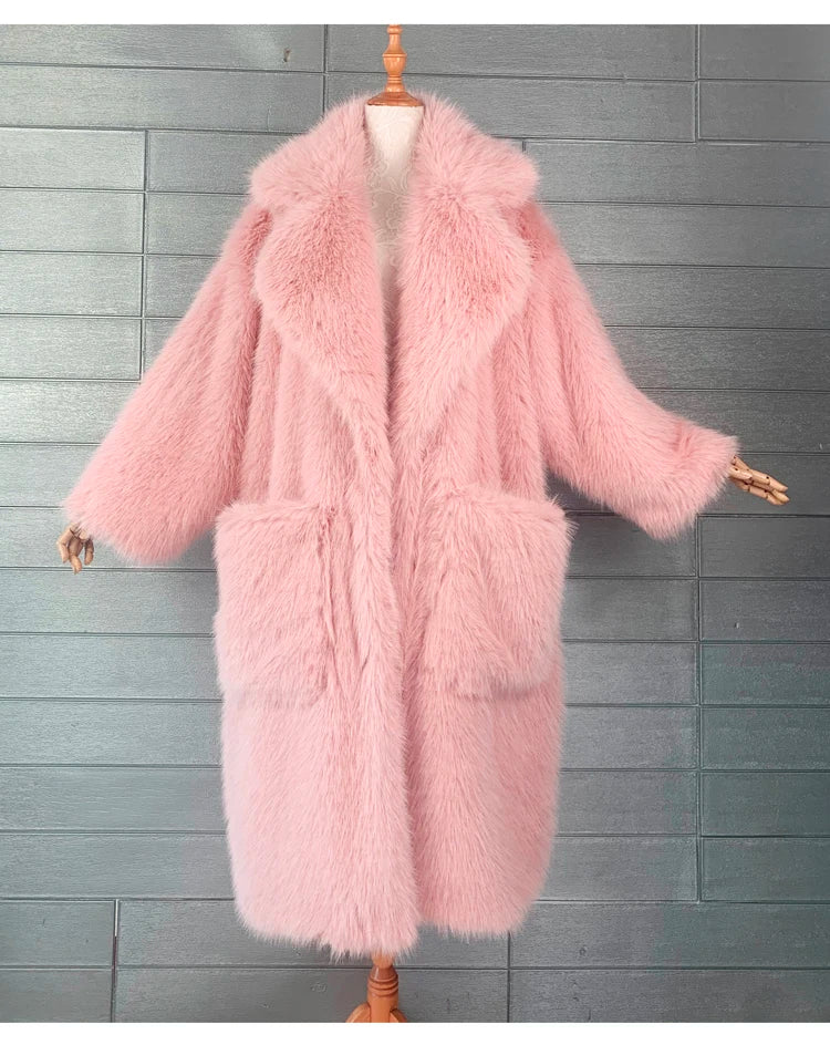 Lautaro inverno longo oversized rosa grosso quente macio desgrenhado fofo casaco de pele do falso feminino bolsos lapela solto doce bonito moda 2022