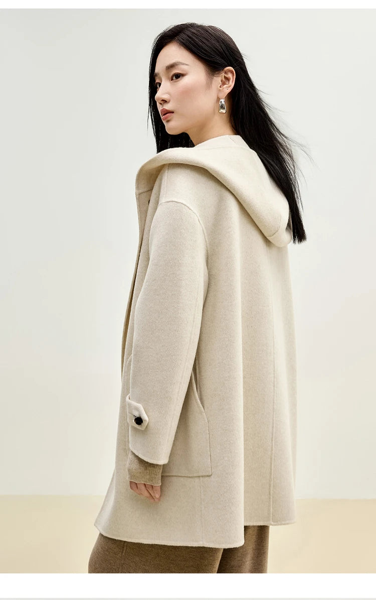 Sentubila dupla face 100% casaco de lã 2024 inverno comprimento médio reto touro chifre fivela feminino com capuz outwear w44o55979