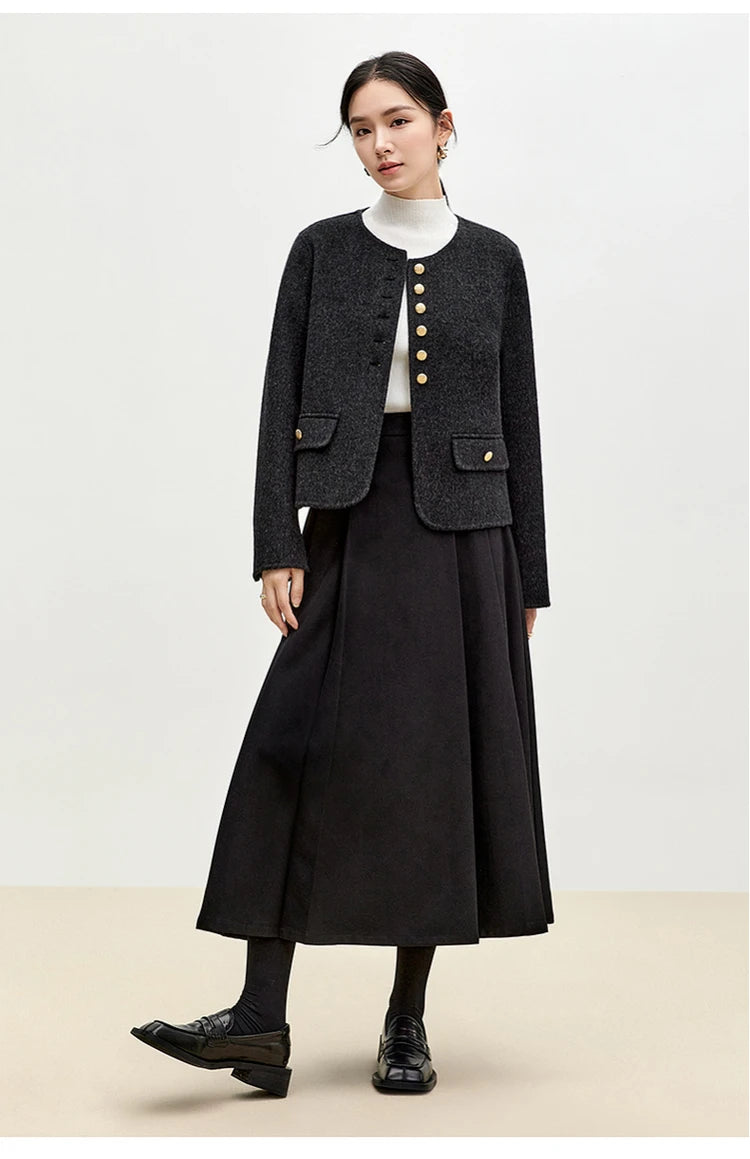 Sentubila casaco de lã de luxo para mulheres 2024 inverno gola redonda reta único breasted roupas femininas de alta qualidade w44o56591