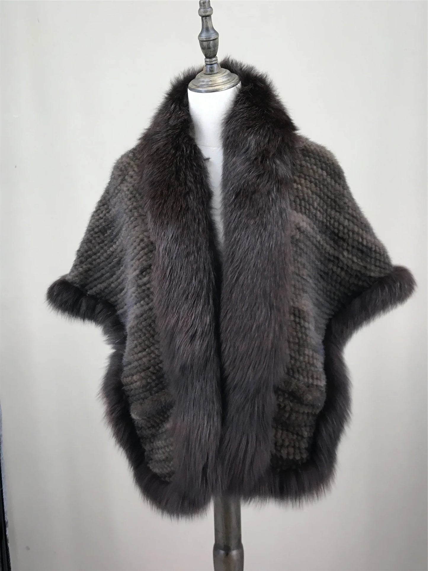 Xale de tricô de pele de vison real com gola de corte de pele de raposa, estola de capa frontal, xale branco coreano peludo luxuoso, inverno