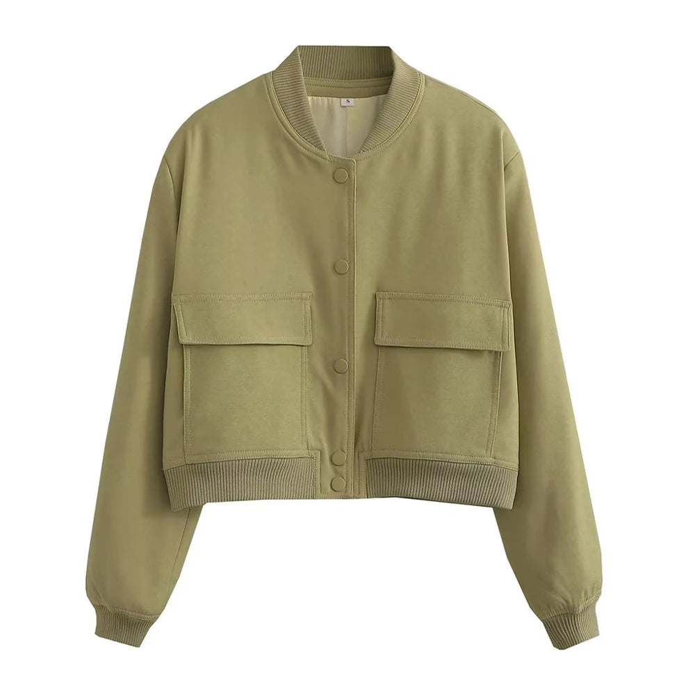 Trza moda feminina com bolsos jaqueta bomber casacos vintage manga longa botão frontal casual feminino outerwear chiques topos
