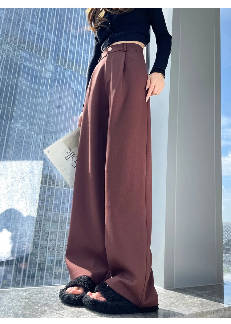 Seoulish-Calça de perna larga feminina, calça feminina elegante, monocromática, casual, solta, escritório, comprimento total, coreano, botão, Novo, Outono, 2022