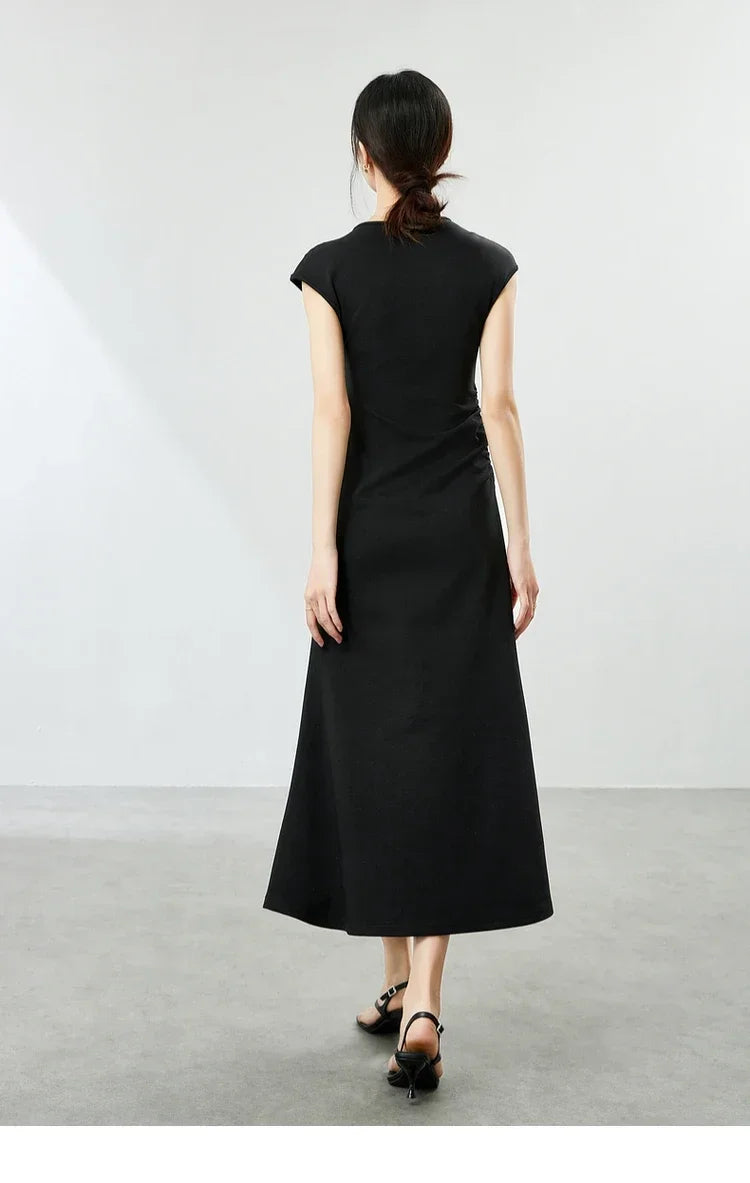SENTUBILA, vestidos negros de verano 2025, vestido largo ajustado fruncido de manga corta de punto de algodón elegante para fiesta para mujer, ropa 142L54013