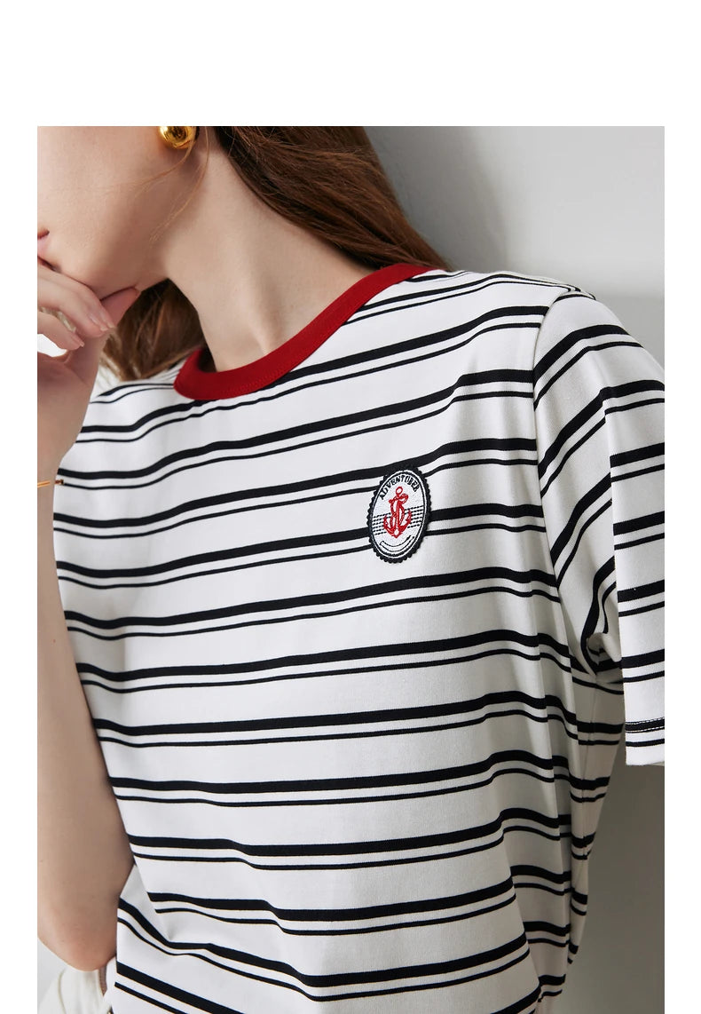 TOYOUTH-camiseta listrada de manga curta feminina, blusa com gola redonda, novo estilo de Academia, verão 2022
