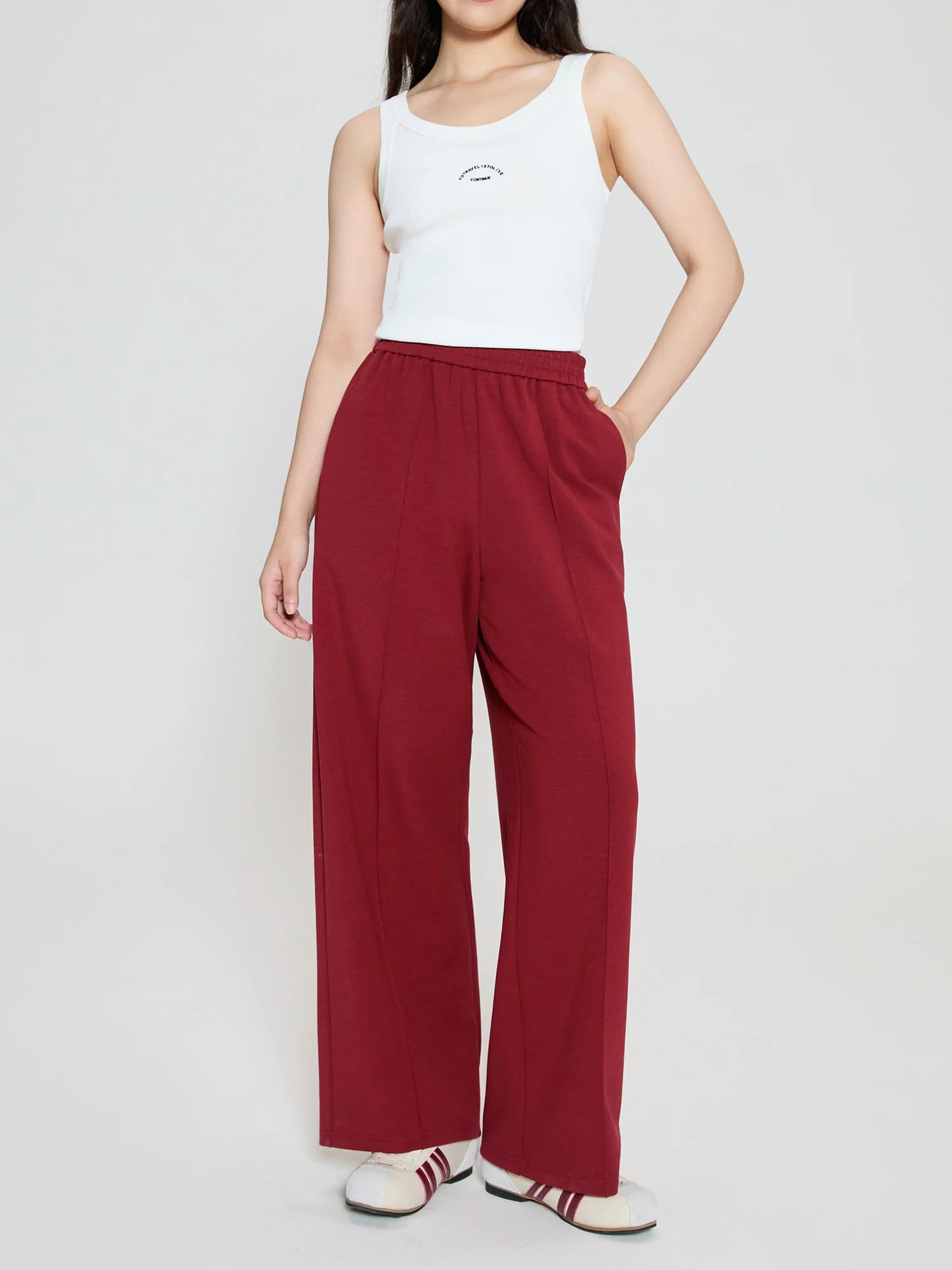 Dushu mulheres calça vermelha casual esporte estilo feminino outono grosso calças compridas bege cintura elástica calças retas para mulher 24ds83048