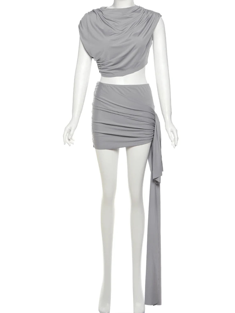Estranho gato irregular ruched 2 peça conjunto feminino verão regatas + saias de fita lateral estiramento combinando casual simples roupas de rua