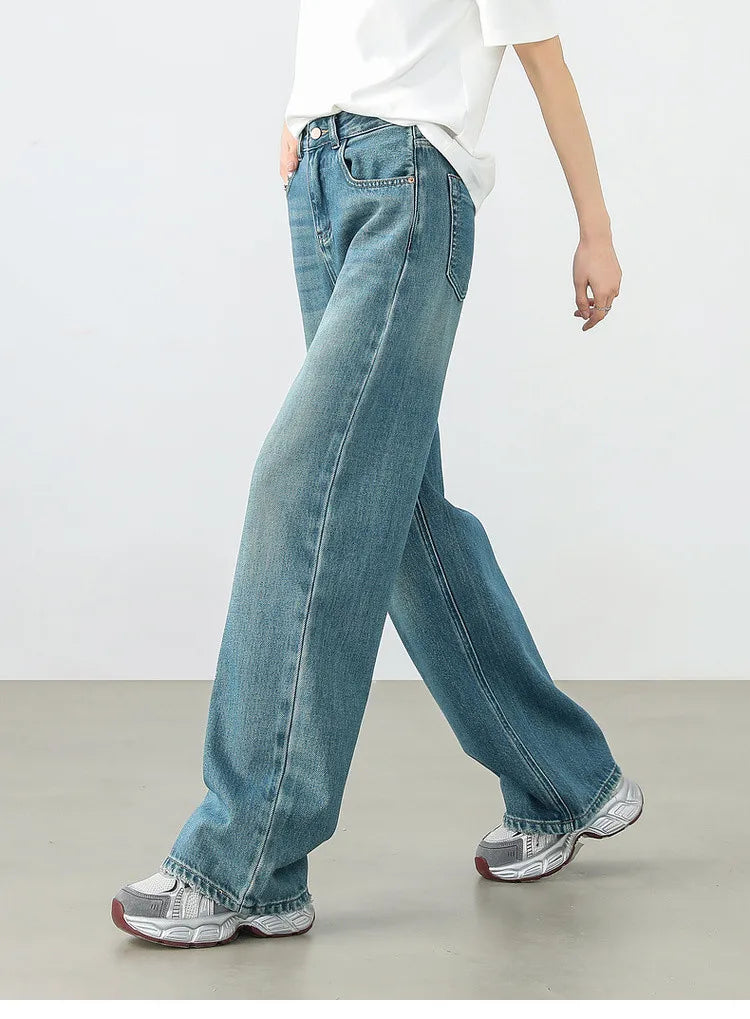 Sentubila calças jeans femininas de algodão 2025 primavera moda reta vintage denim cintura alta comprimento total bolsos calças w51n58827