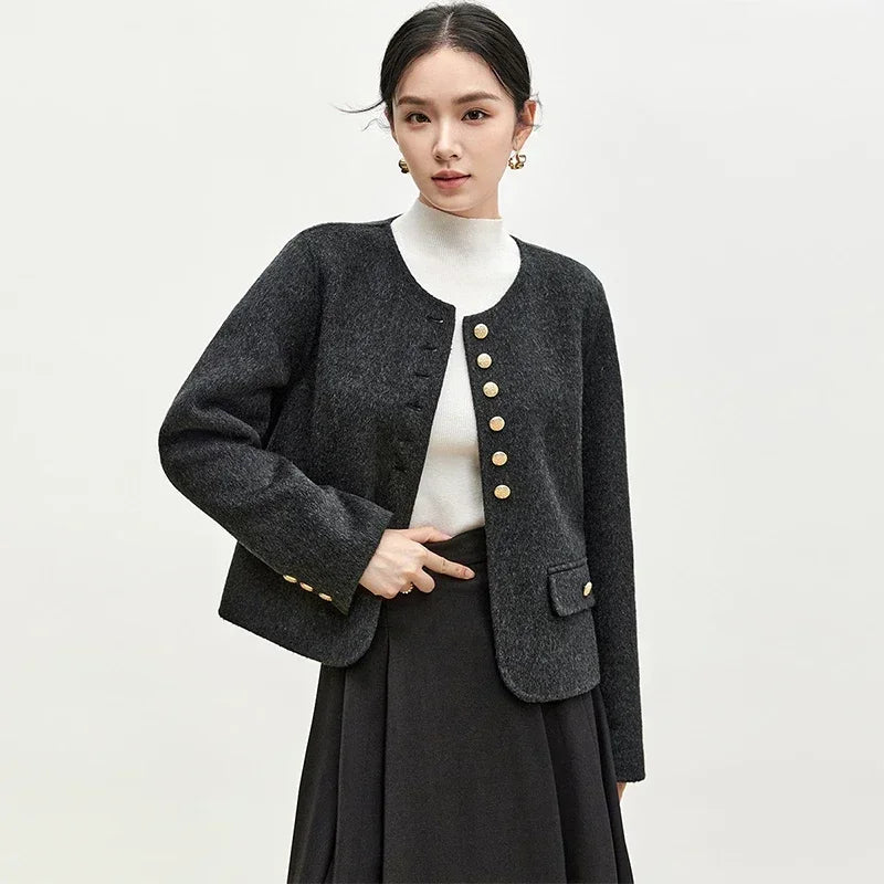 Sentubila casaco de lã de luxo para mulheres 2024 inverno gola redonda reta único breasted roupas femininas de alta qualidade w44o56591