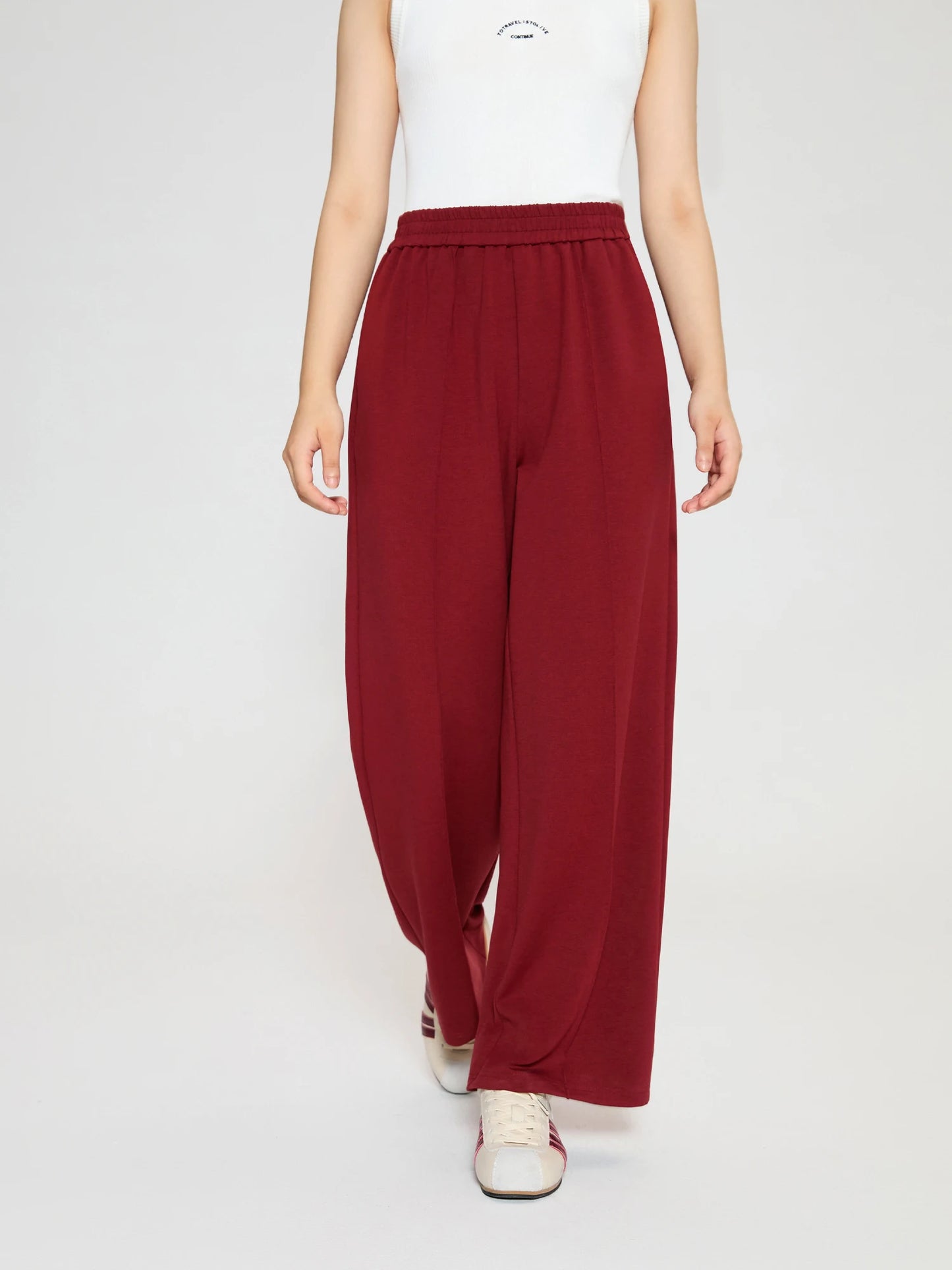 Dushu mulheres calça vermelha casual esporte estilo feminino outono grosso calças compridas bege cintura elástica calças retas para mulher 24ds83048