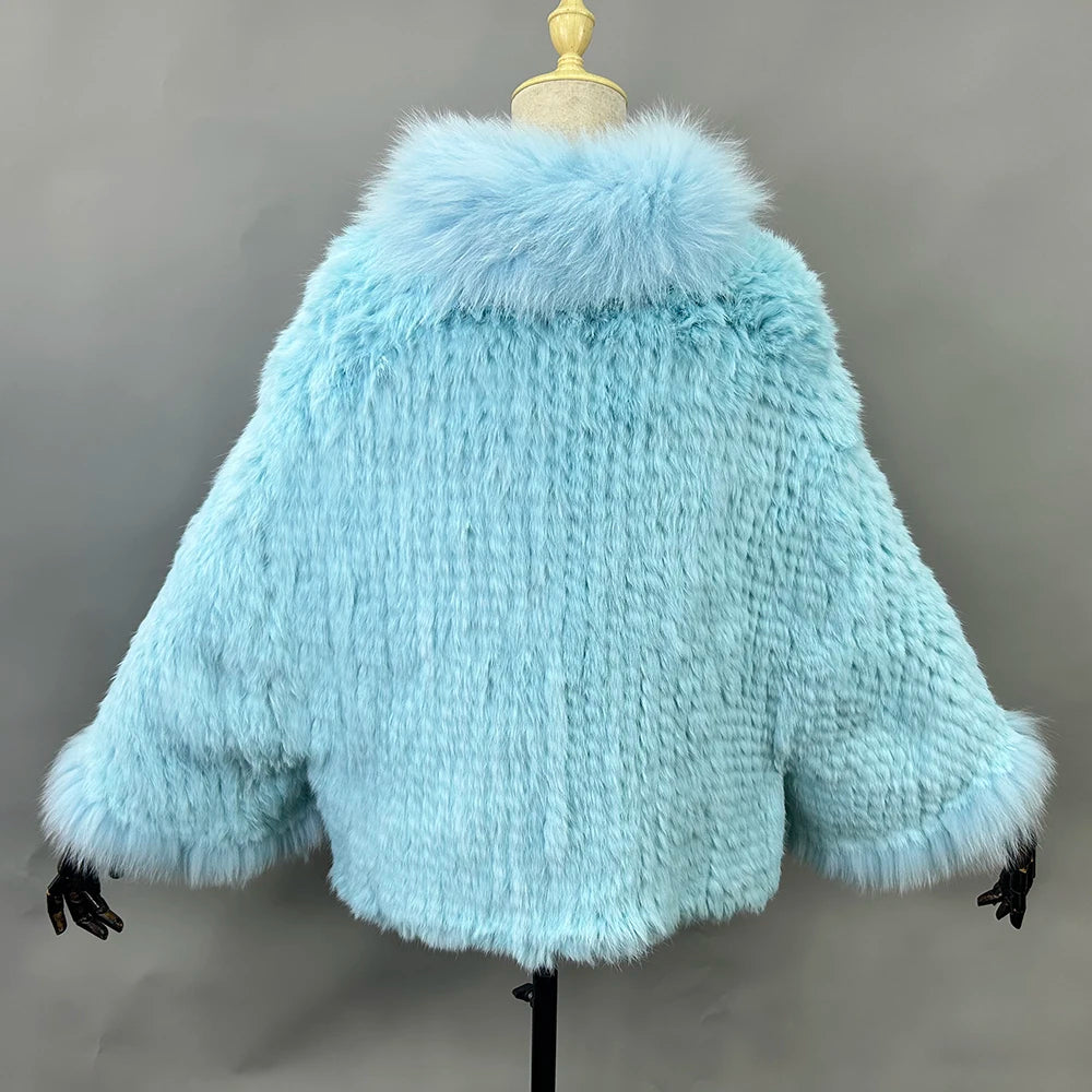 Novo real genuíno natural de malha pele de coelho xale casaco com gola de pele de raposa moda feminina capa de malha