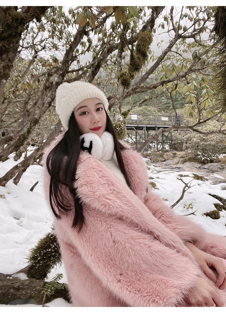 Lautaro inverno longo oversized rosa grosso quente macio desgrenhado fofo casaco de pele do falso feminino bolsos lapela solto doce bonito moda 2022