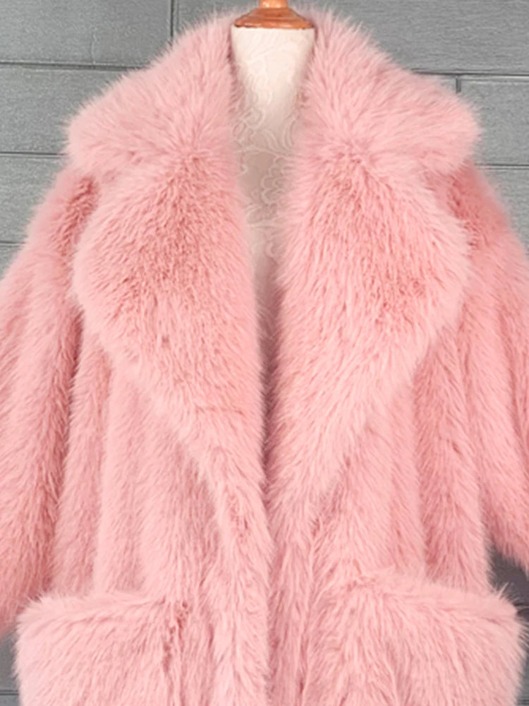 Lautaro inverno longo oversized rosa grosso quente macio desgrenhado fofo casaco de pele do falso feminino bolsos lapela solto doce bonito moda 2022