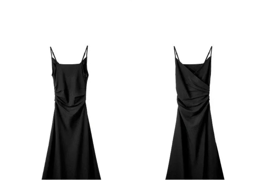 SENTUBILA, vestidos negros sexis para mujer, verano 2025, elegante vestido Midi con pliegues y tirantes finos con abertura para fiesta de noche con cuello en V 132L48917