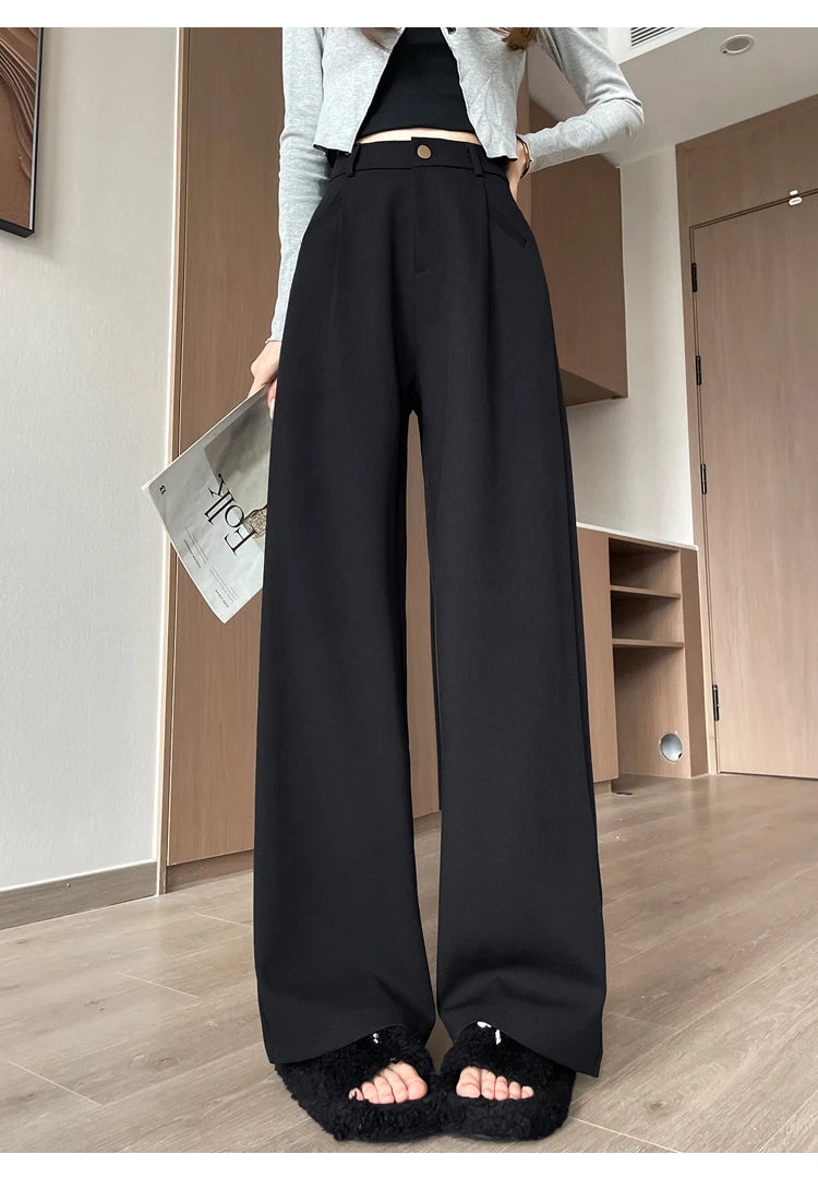 Seoulish-Calça de perna larga feminina, calça feminina elegante, monocromática, casual, solta, escritório, comprimento total, coreano, botão, Novo, Outono, 2022