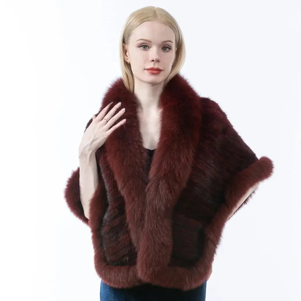 Xale de tricô de pele de vison real com gola de corte de pele de raposa, estola de capa frontal, xale branco coreano peludo luxuoso, inverno