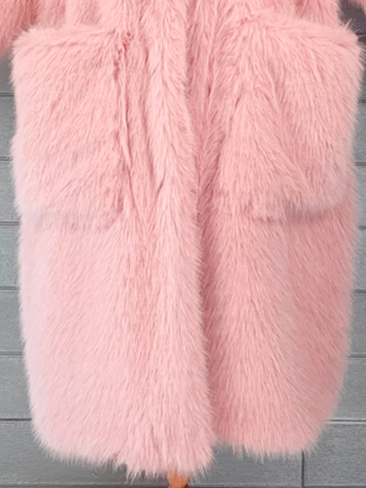 Lautaro inverno longo oversized rosa grosso quente macio desgrenhado fofo casaco de pele do falso feminino bolsos lapela solto doce bonito moda 2022