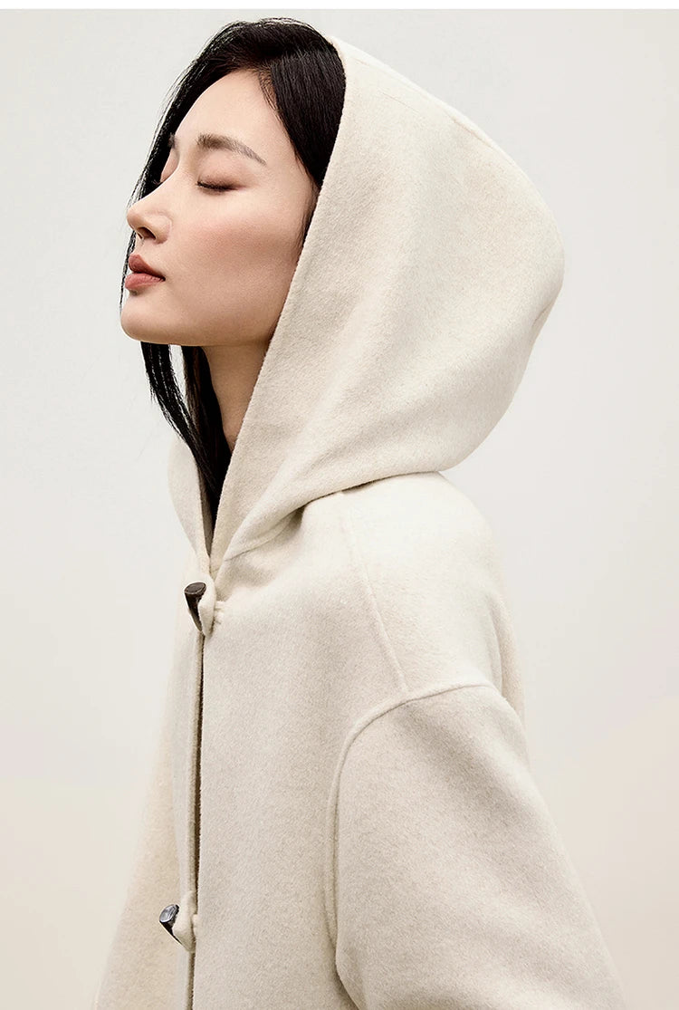 Sentubila dupla face 100% casaco de lã 2024 inverno comprimento médio reto touro chifre fivela feminino com capuz outwear w44o55979