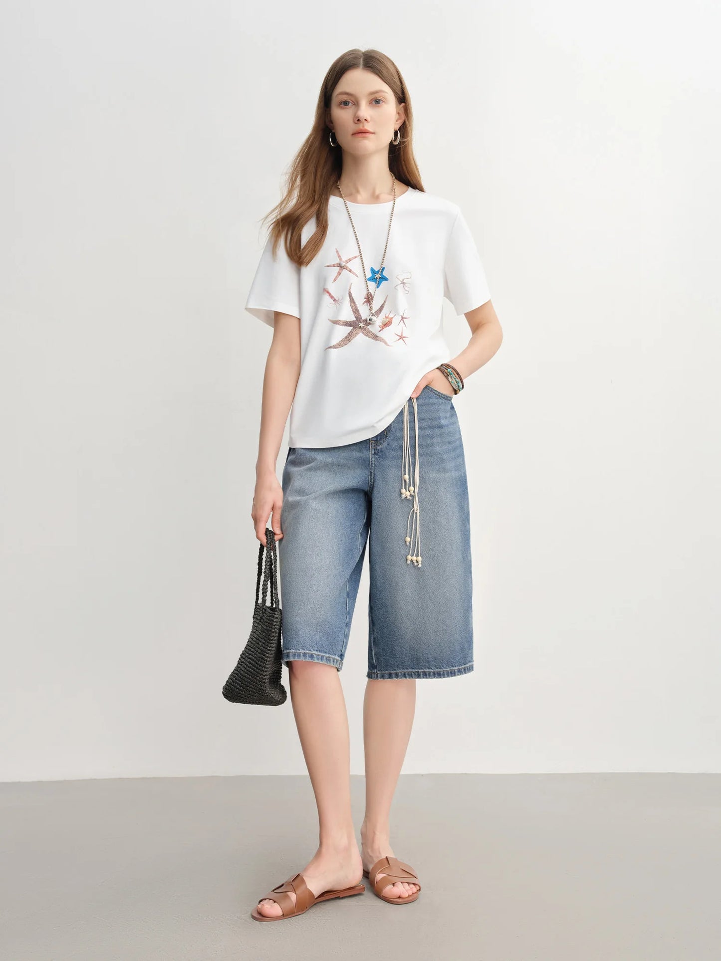 Dushu feminino elemento marinho impresso concha decorada camiseta 2025 nova chegada moda versátil magro casual topo 25ds82912