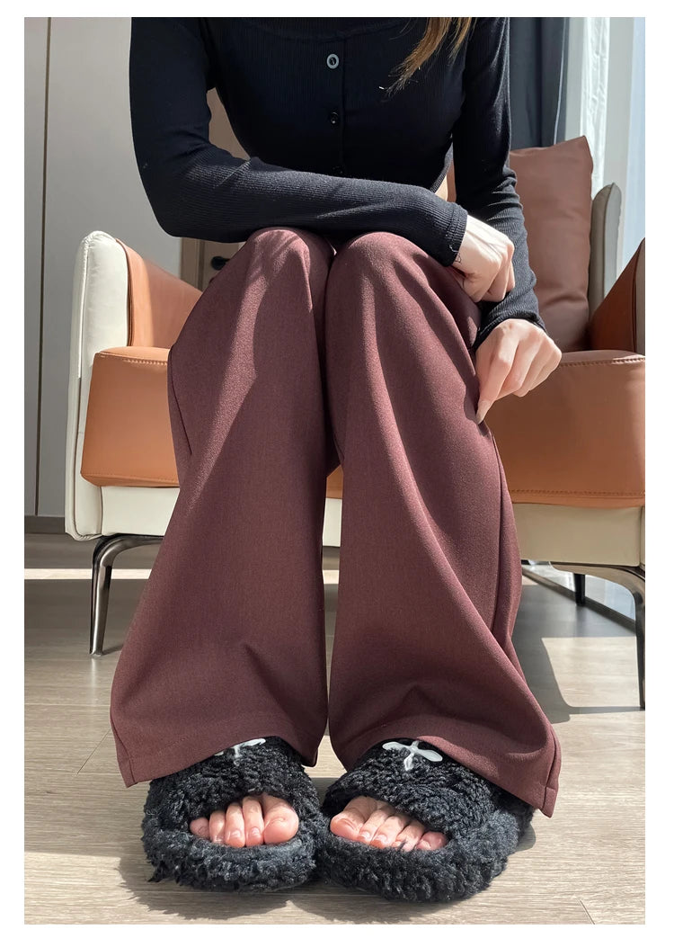Seoulish-Calça de perna larga feminina, calça feminina elegante, monocromática, casual, solta, escritório, comprimento total, coreano, botão, Novo, Outono, 2022