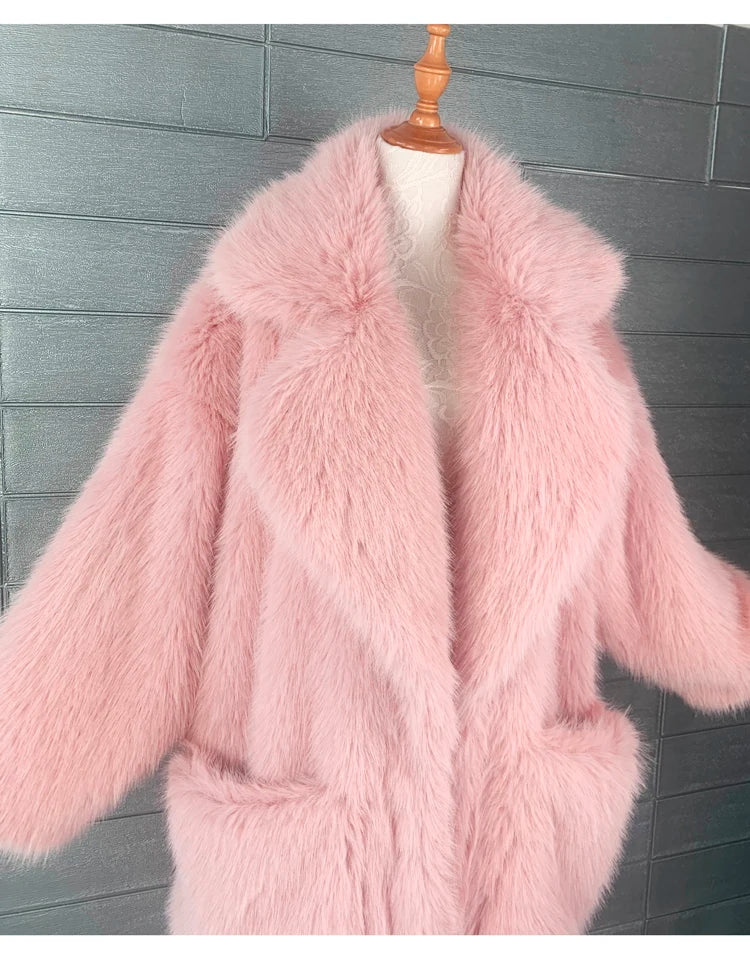 Lautaro inverno longo oversized rosa grosso quente macio desgrenhado fofo casaco de pele do falso feminino bolsos lapela solto doce bonito moda 2022
