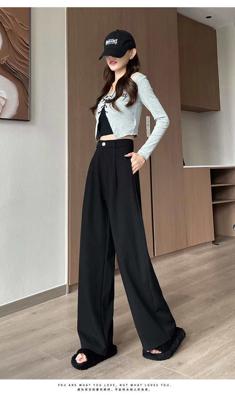 Seoulish-Calça de perna larga feminina, calça feminina elegante, monocromática, casual, solta, escritório, comprimento total, coreano, botão, Novo, Outono, 2022