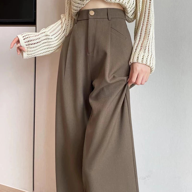 Seoulish-Calça de perna larga feminina, calça feminina elegante, monocromática, casual, solta, escritório, comprimento total, coreano, botão, Novo, Outono, 2022
