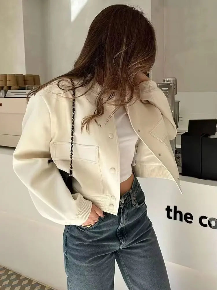Trza moda feminina com bolsos jaqueta bomber casacos vintage manga longa botão frontal casual feminino outerwear chiques topos