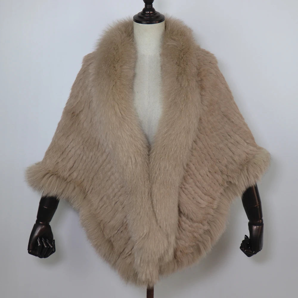 100% de piel de conejo auténtica para mujer, bufanda con cuello de piel de zorro, Poncho de piel de conejo tejido cálido para invierno, accesorios de moda para fiesta para niñas