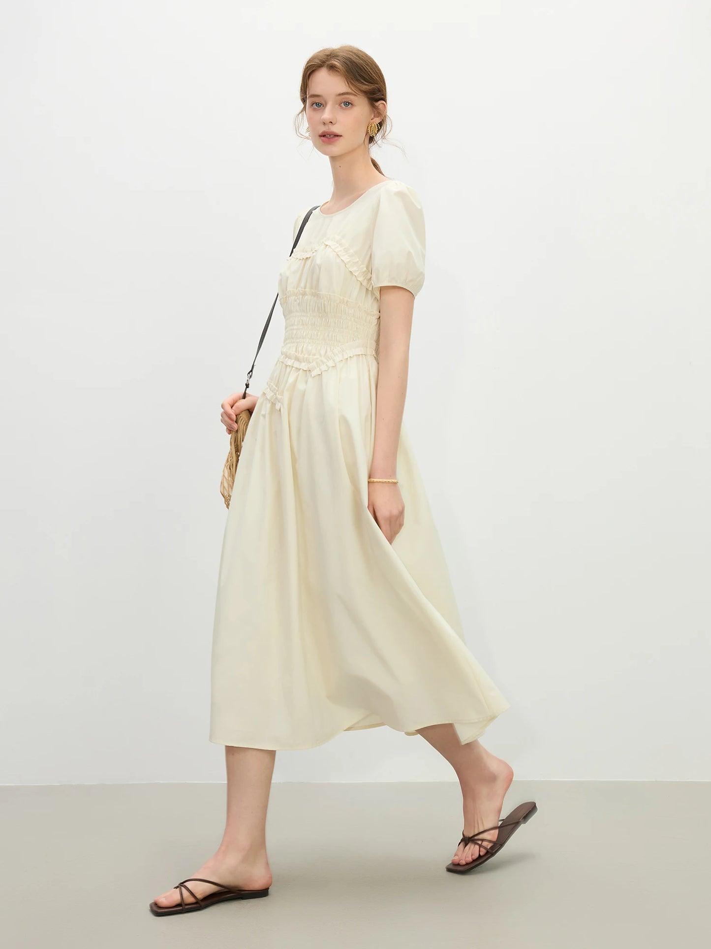 Fsle francês elegante estilo hepburn midi vestido para o sexo feminino 2025 verão nova chegada vestido fino roupas de temporada de férias 25fs12421