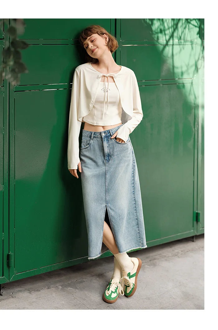Semir-Saia jeans feminina, fenda alta, design de corte reto, nova chegada, verão, 2022