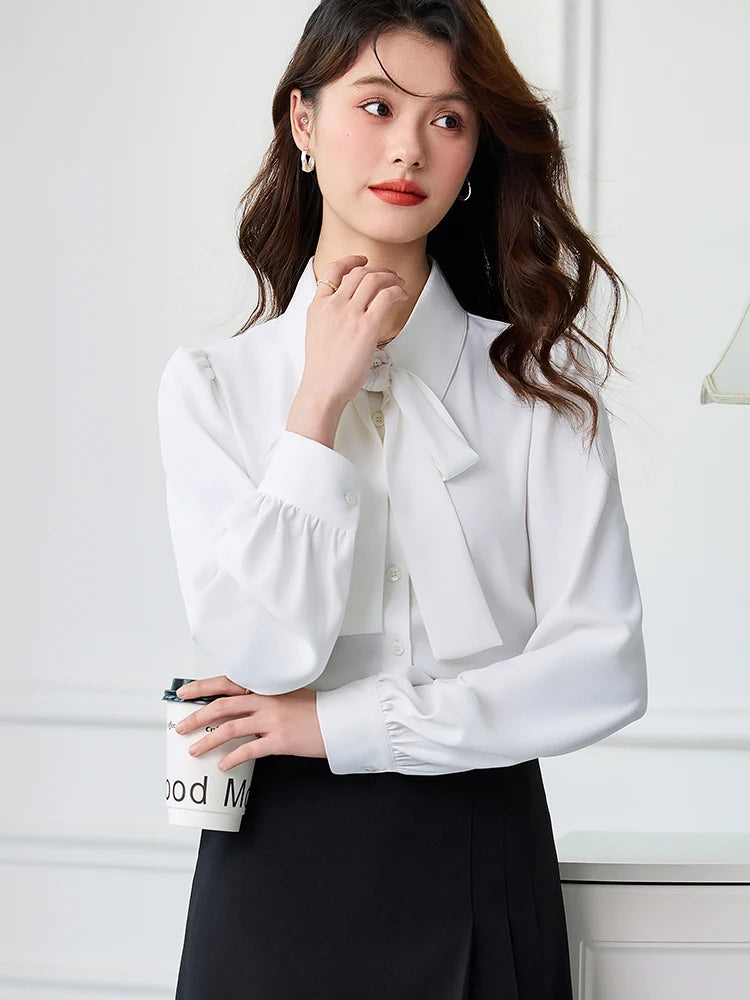 Moda branco azul manga longa blusa feminina senhoras negócios trabalho wear camisa topos