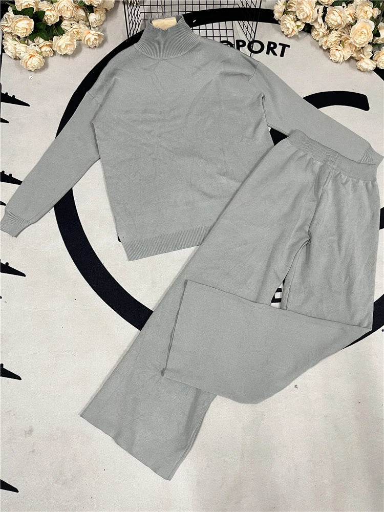 Outono inverno 2 peças conjuntos femininos de malha agasalho gola alta camisola e calças de jogging retas ternos