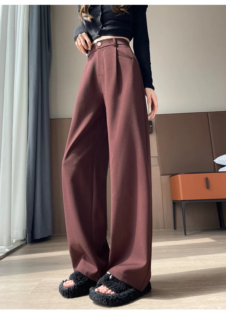 Seoulish-Calça de perna larga feminina, calça feminina elegante, monocromática, casual, solta, escritório, comprimento total, coreano, botão, Novo, Outono, 2022