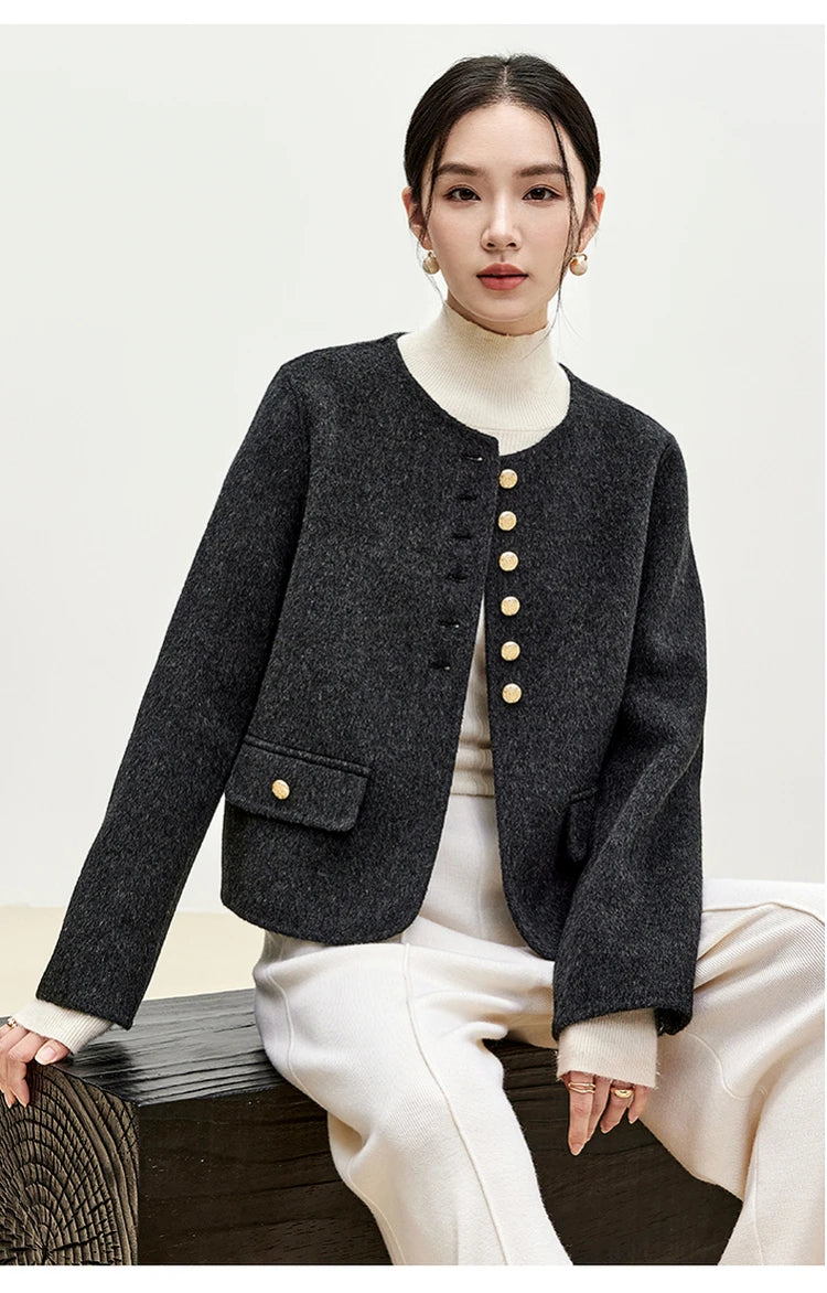 Sentubila casaco de lã de luxo para mulheres 2024 inverno gola redonda reta único breasted roupas femininas de alta qualidade w44o56591