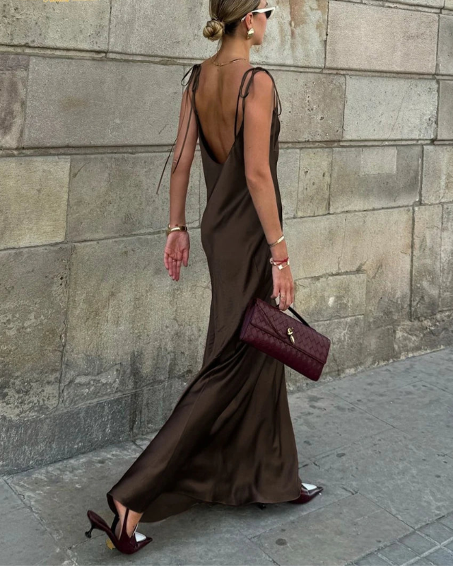 Clacive moda solta marrom cetim vestidos femininos 2025 verão cinta sem mangas até o chão vestido sexy sem costas vestido feminino