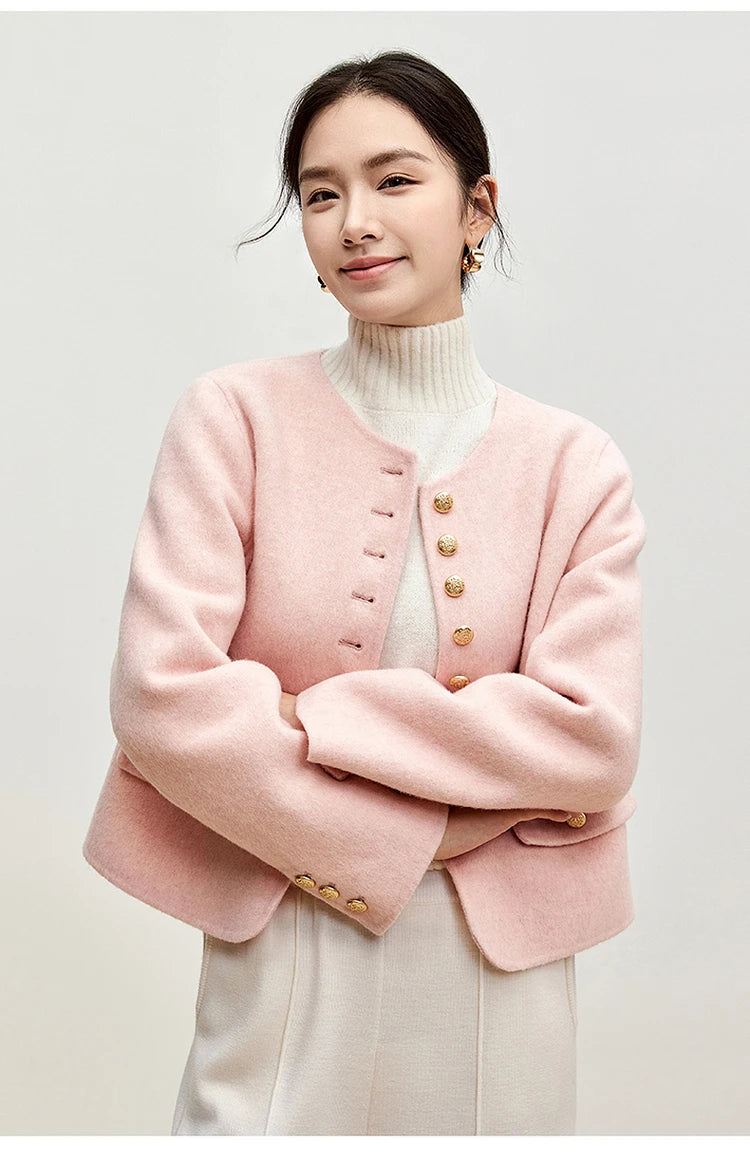 Sentubila casaco de lã de luxo para mulheres 2024 inverno gola redonda reta único breasted roupas femininas de alta qualidade w44o56591