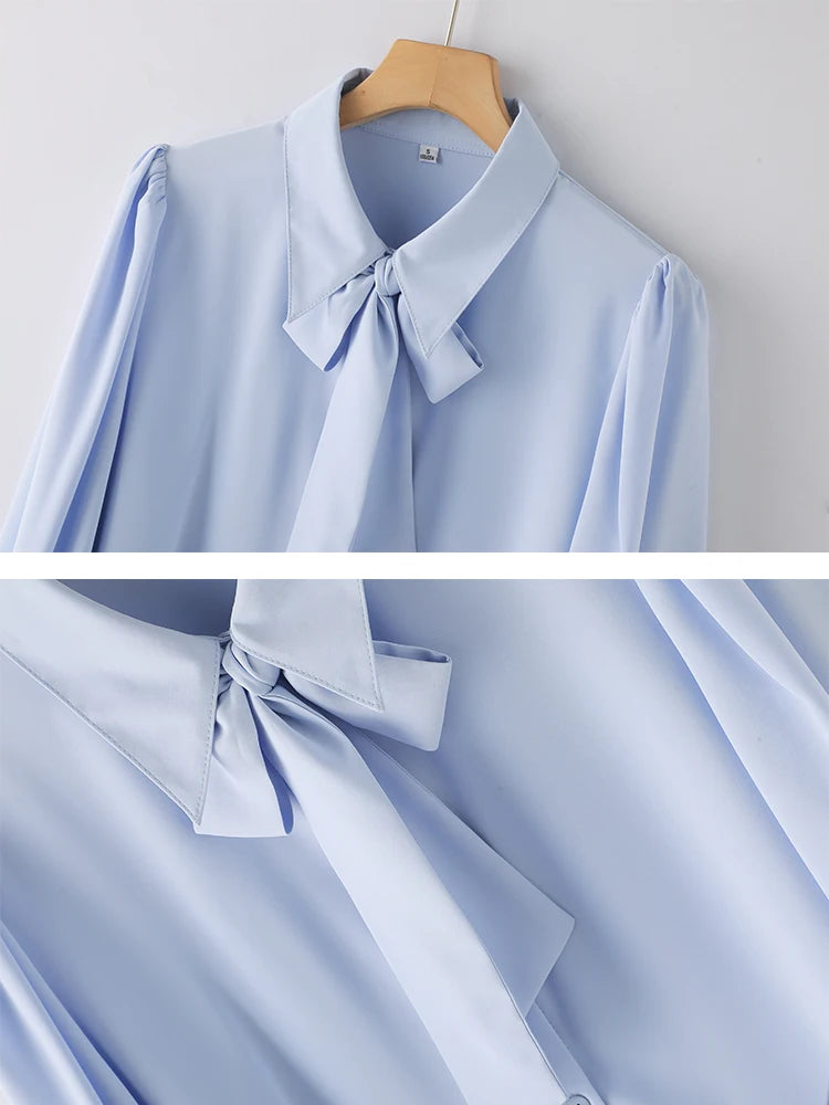 Moda branco azul manga longa blusa feminina senhoras negócios trabalho wear camisa topos