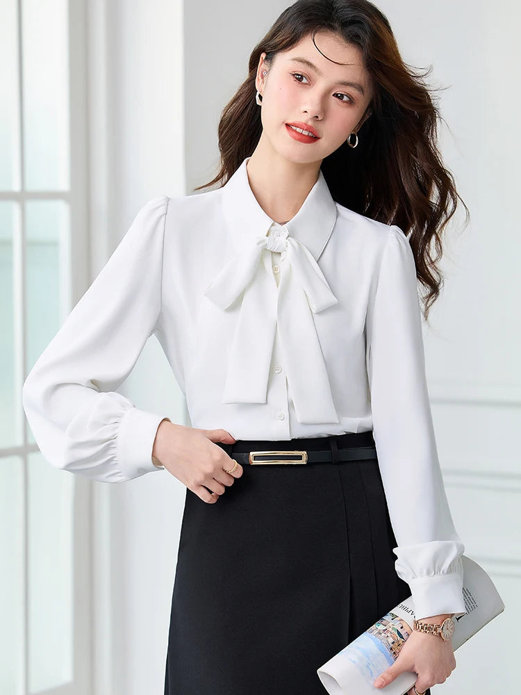 Moda branco azul manga longa blusa feminina senhoras negócios trabalho wear camisa topos