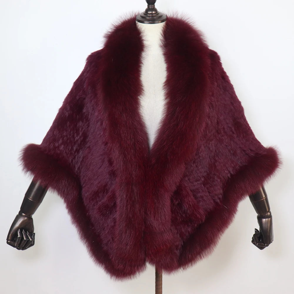 100% de piel de conejo auténtica para mujer, bufanda con cuello de piel de zorro, Poncho de piel de conejo tejido cálido para invierno, accesorios de moda para fiesta para niñas